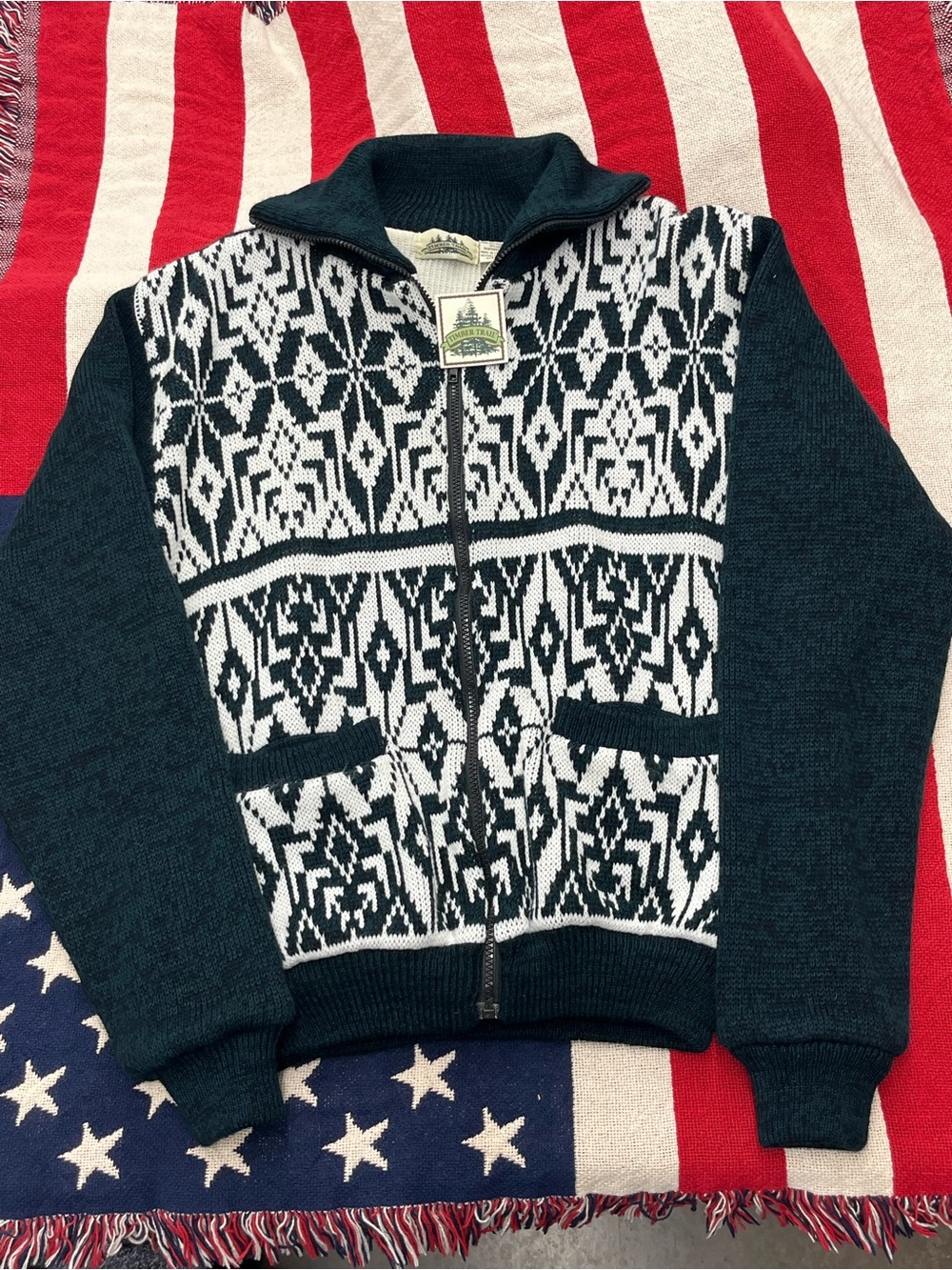 Vintage Timber Trail Green & White Zip Cardigan Sweater Men’s Size Medium NWT